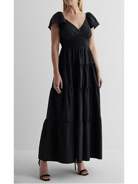NWT Express V Neck Flutter Sleeve Tiered Poplin Maxi Dress Women Sz Small Black